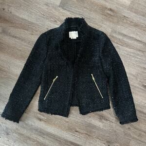Kate Spade Open Tweed Jacket Size 2 Shimmer Raw Fringe Black Blazer Small